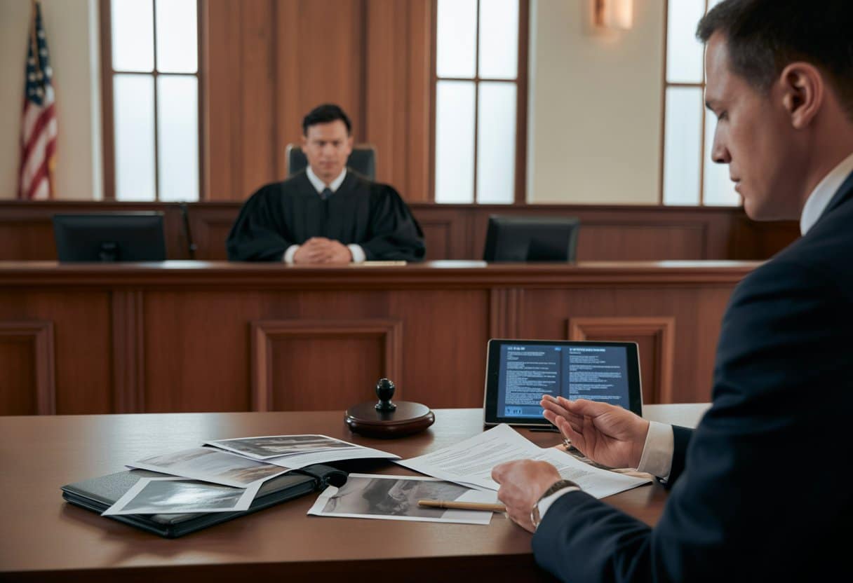 Een rechter en een advocaat in een rechtszaal waar bewijsstukken worden gepresenteerd en besproken.