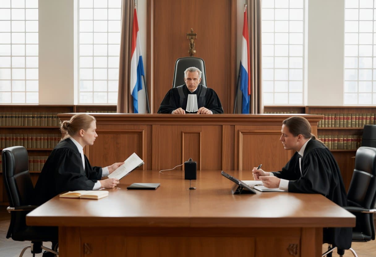 Een rechtszaal met een rechter en advocaten die bewijs presenteren tijdens een rechtszaak.