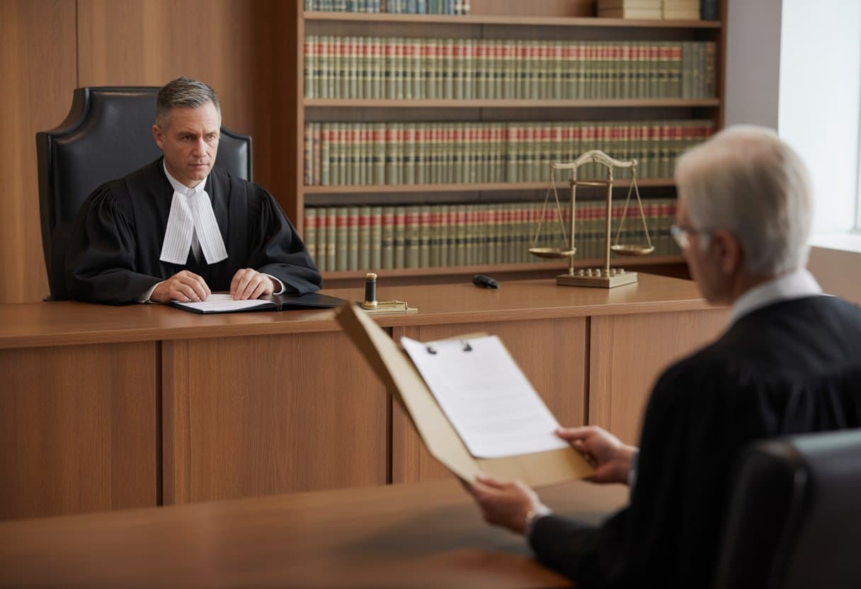 Een rechter in een rechtszaal bekijkt documenten terwijl een advocaat bewijs presenteert.