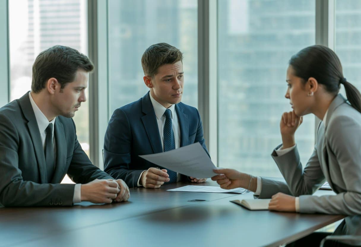 Drie professionals zitten rond een vergadertafel in een modern kantoor en bespreken een contract met serieuze gezichten.