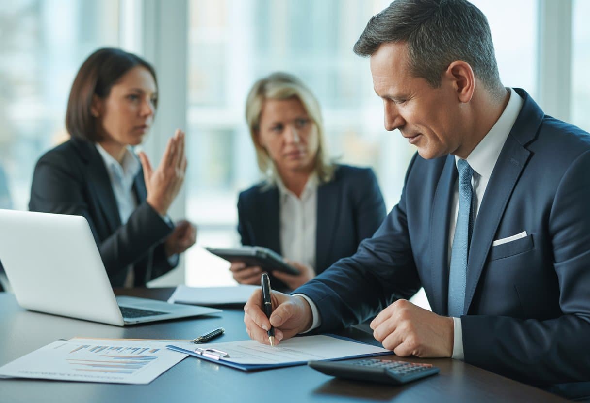 Een zakenman tekent een contract terwijl een vrouw en adviseur in een kantoor over risico's praten.