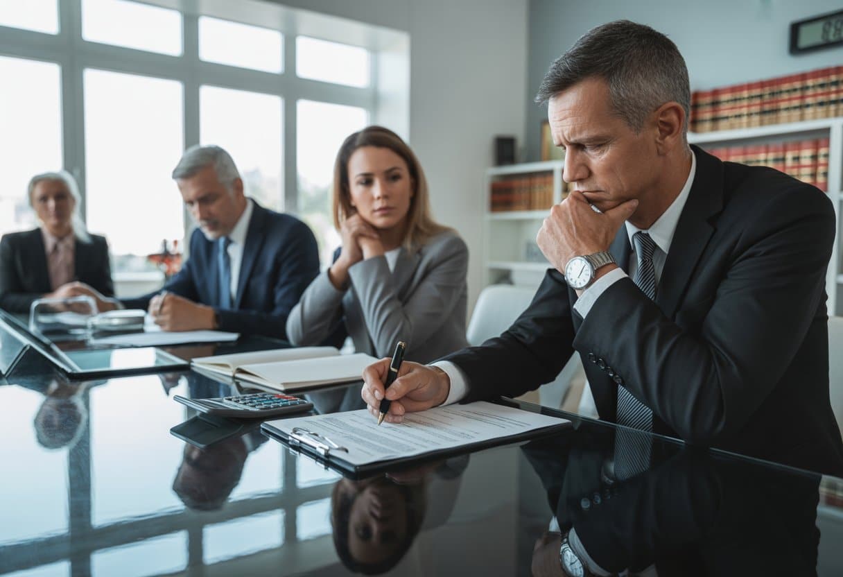 Een groep professionals zit aan een vergadertafel met documenten, waarbij een man nadenkt over het tekenen van een contract.