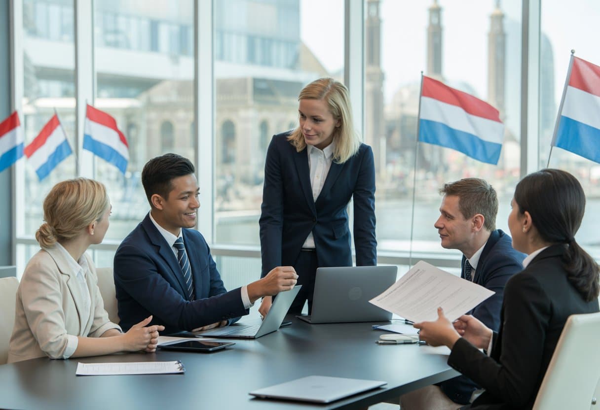 Een diverse groep professionals bespreekt een arbeidscontract in een modern kantoor met uitzicht op Nederlandse architectuur.