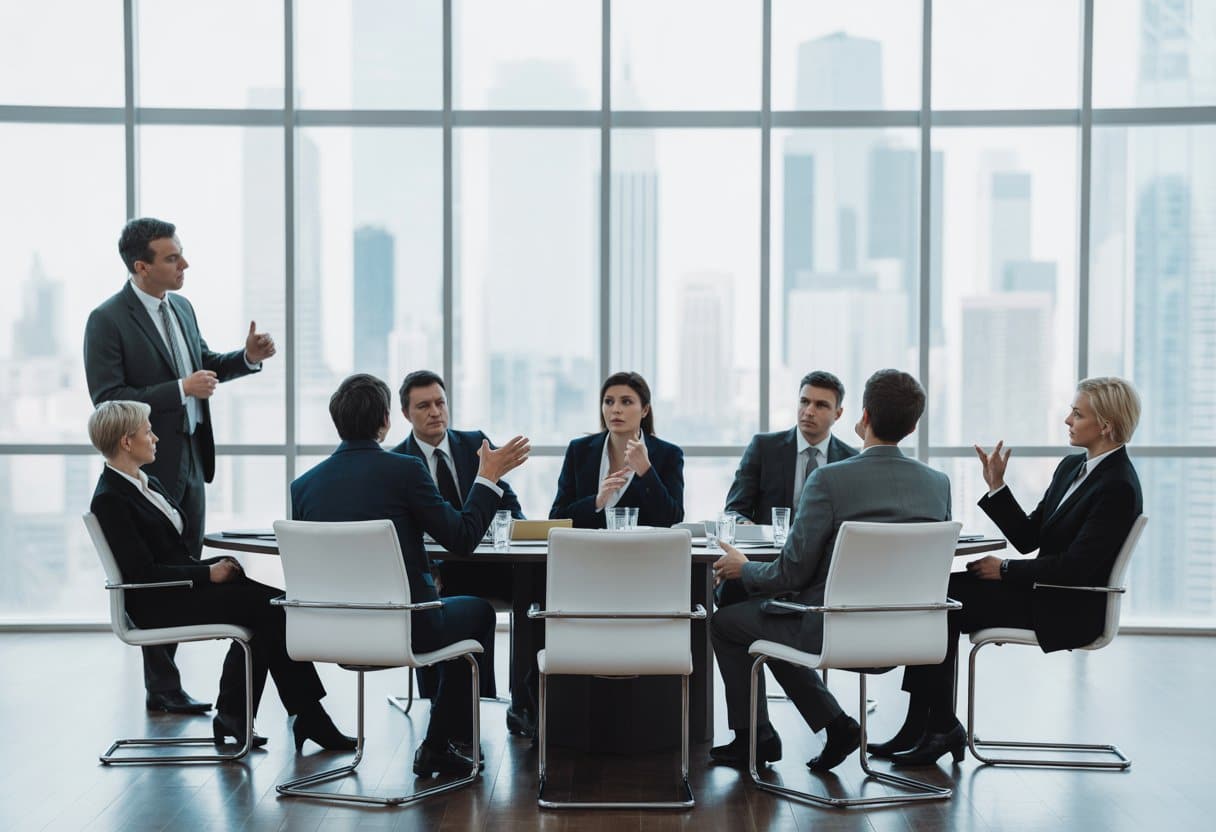 Zakelijke vergadering in een moderne boardroom met een groep professionals die een gespannen discussie voeren.