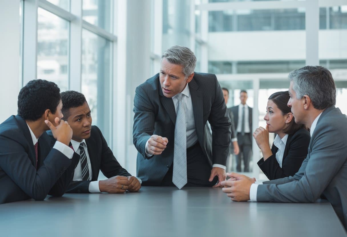 Een gespannen vergadering in een moderne boardroom waar een meerderheidsaandeelhouder dominant overkomt en andere zakelijke professionals bezorgd kijken.