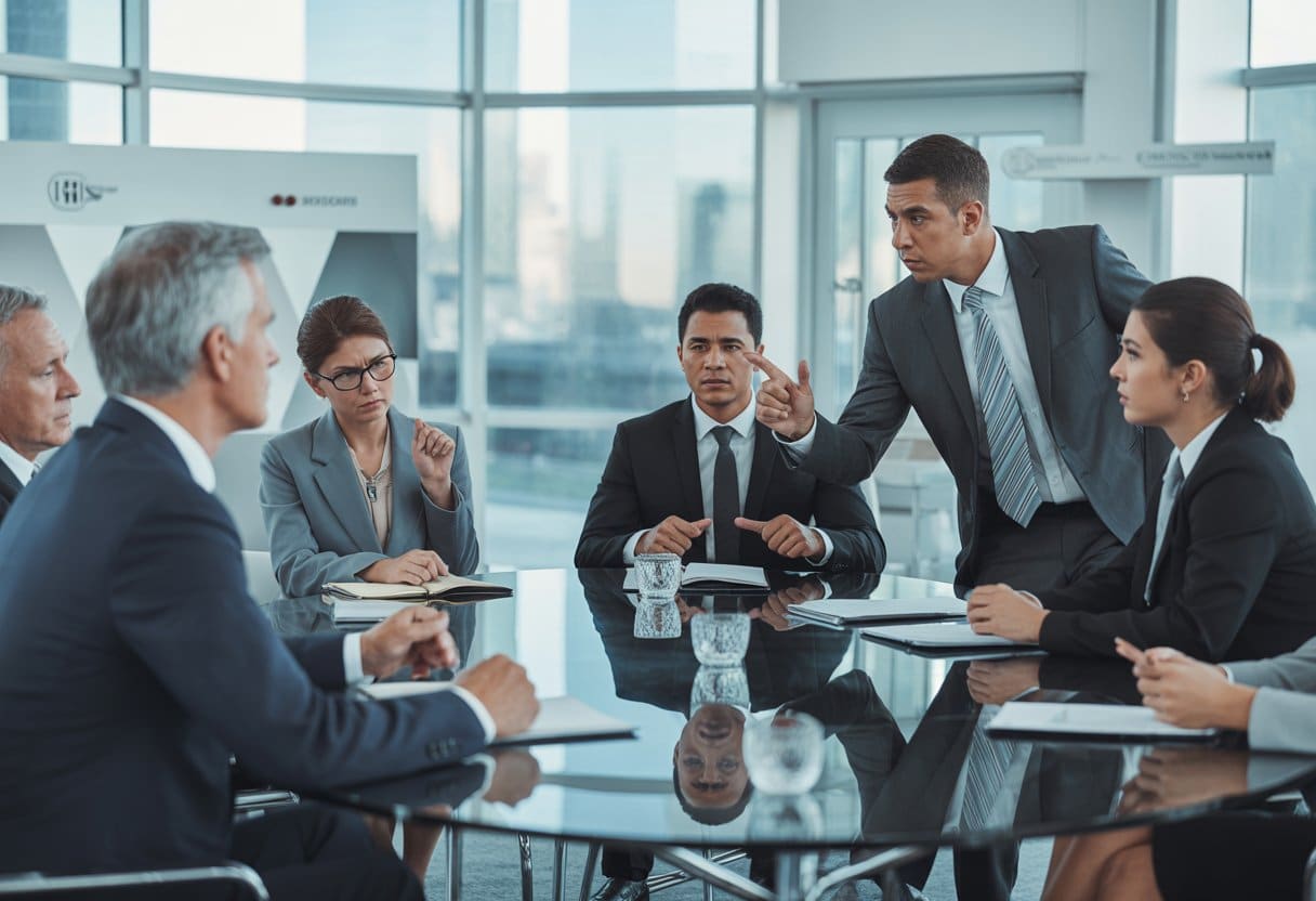 Een groep zakelijke professionals bespreekt serieus in een moderne vergaderruimte, waarbij één persoon nadrukkelijk een punt maakt.