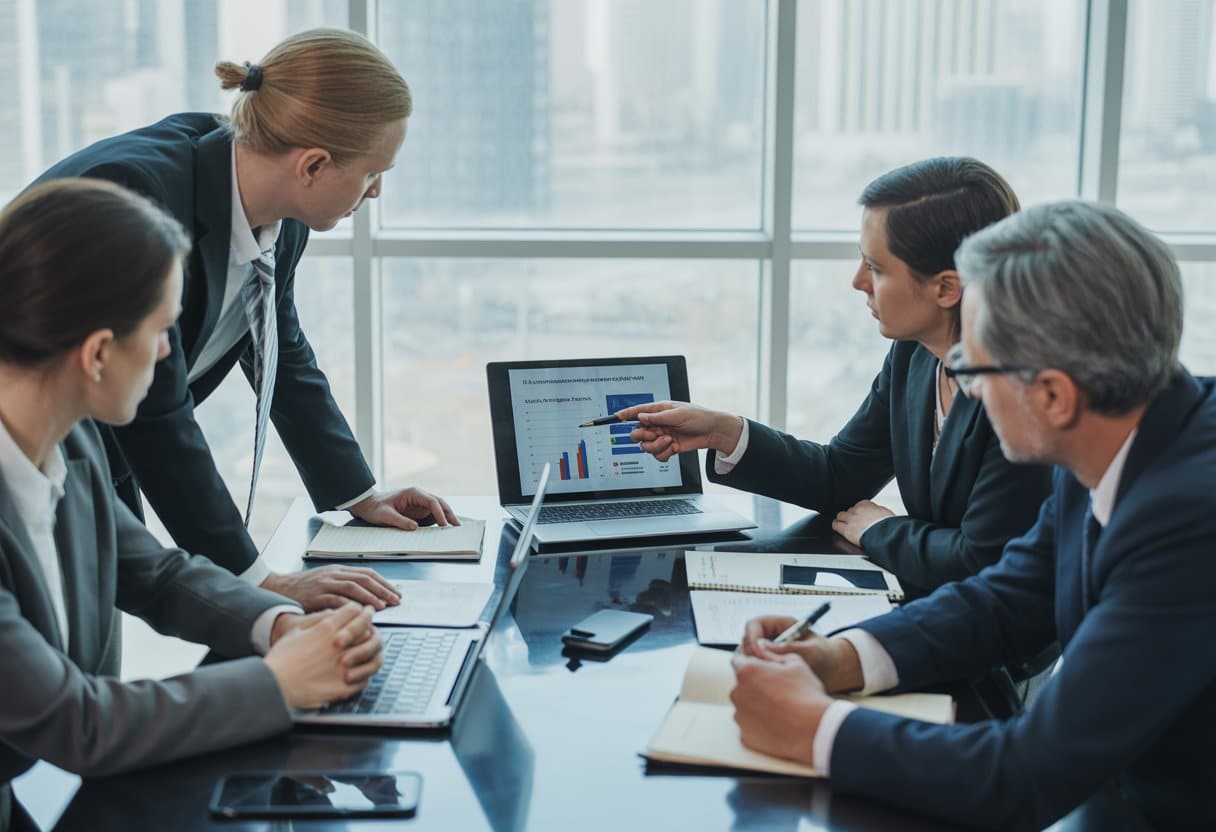 Een groep zakelijke professionals bespreekt documenten en financiële rapporten rond een vergadertafel in een modern kantoor.
