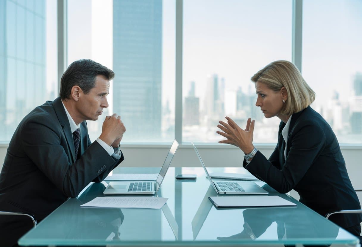 Twee zakelijke partners zitten tegenover elkaar aan een tafel in een kantoor en voeren een serieus gesprek.