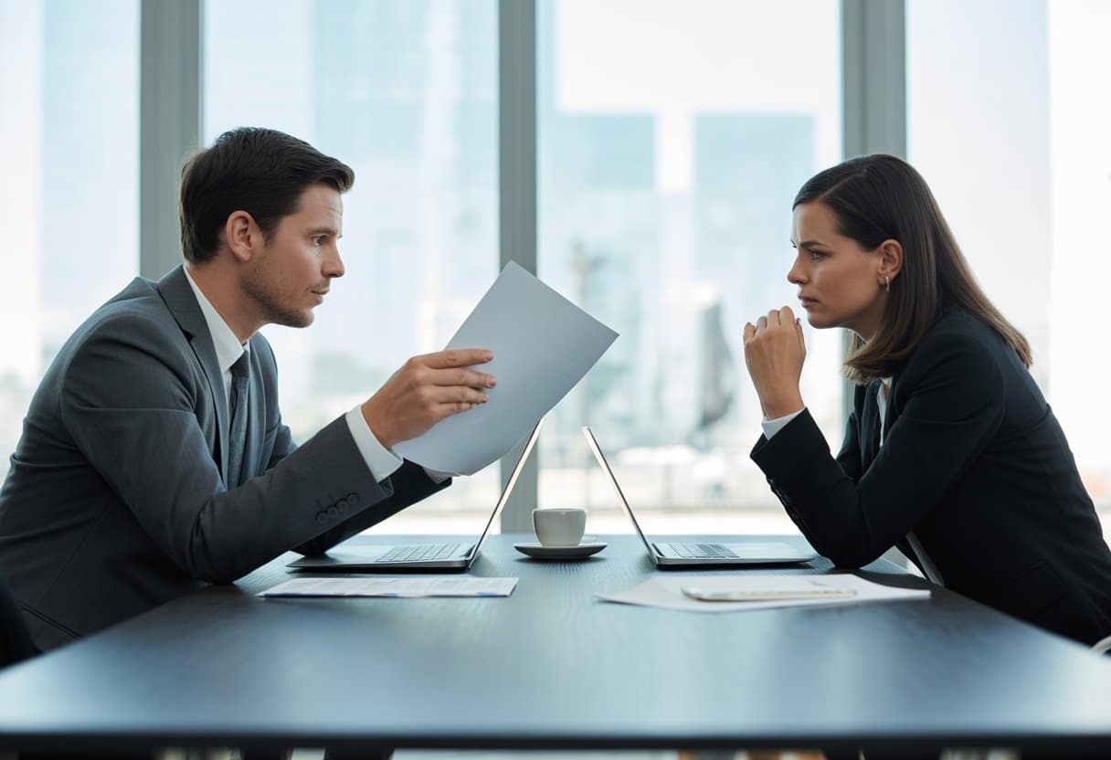Twee zakelijke professionals zitten tegenover elkaar aan een tafel in een kantoor en bespreken een document.