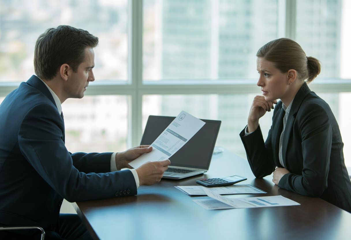 Twee zakelijke professionals zitten aan een tafel en bespreken een document over betalingsproblemen.