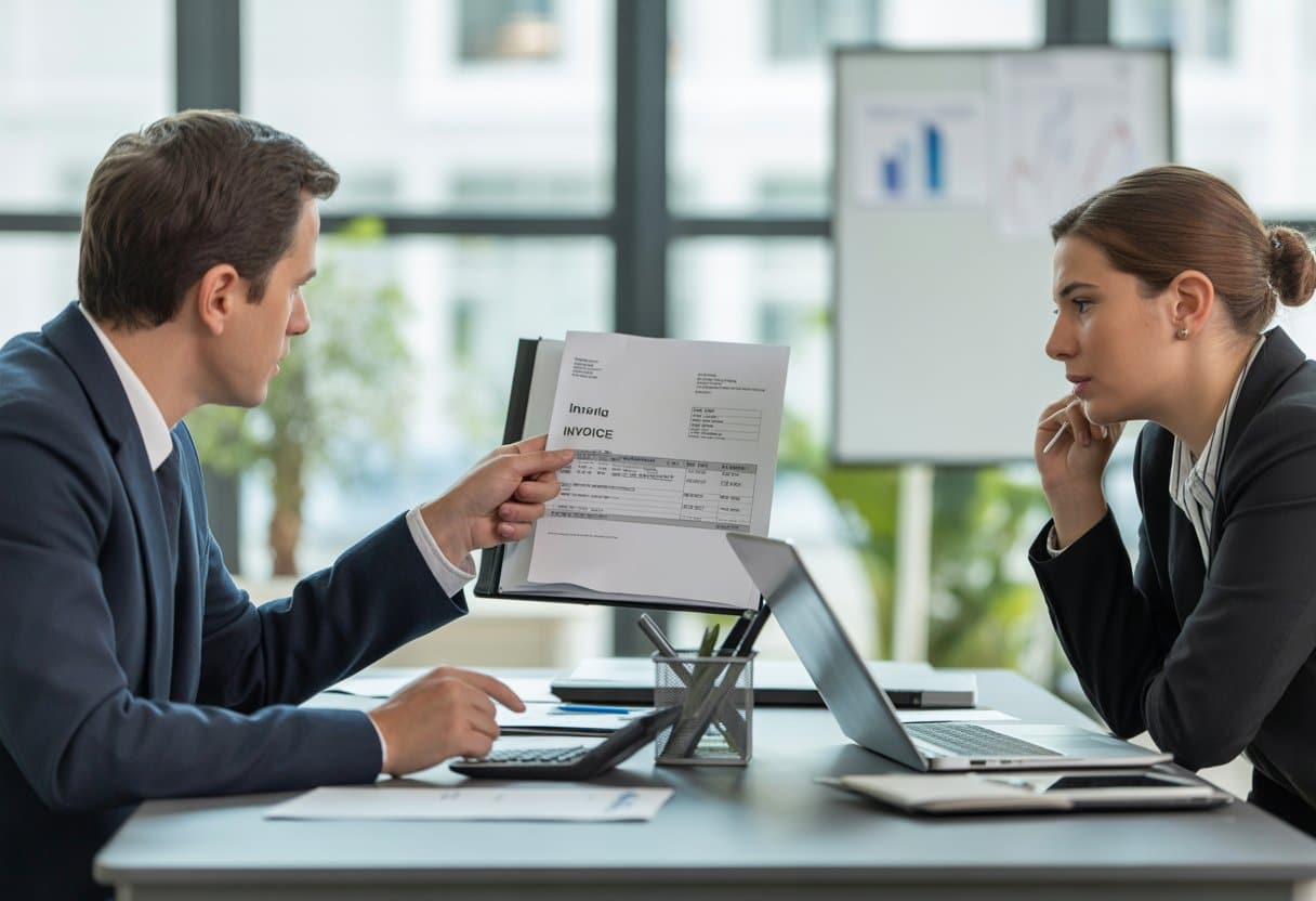 Twee zakelijke professionals bespreken een openstaande factuur in een kantooromgeving.