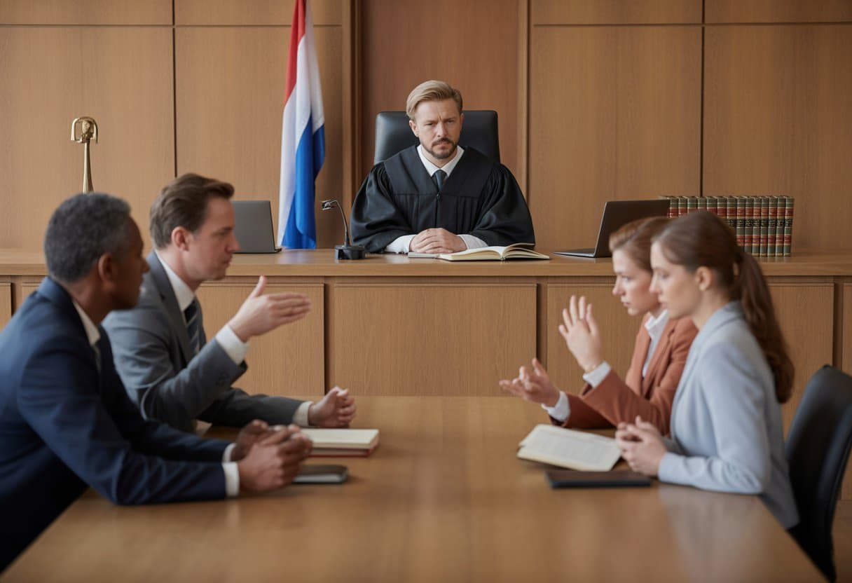 Een rechtbank met een rechter, een advocaat die een cliënt juridische opties uitlegt, en de Nederlandse vlag op de achtergrond.