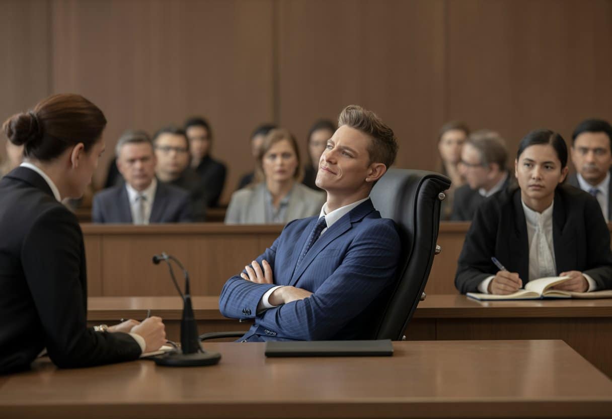 Een rechtszaal met een zelfverzekerde persoon in de beklaagdenbank, een rechter die aandachtig kijkt, advocaten die aantekeningen maken en een jury die toekijkt.