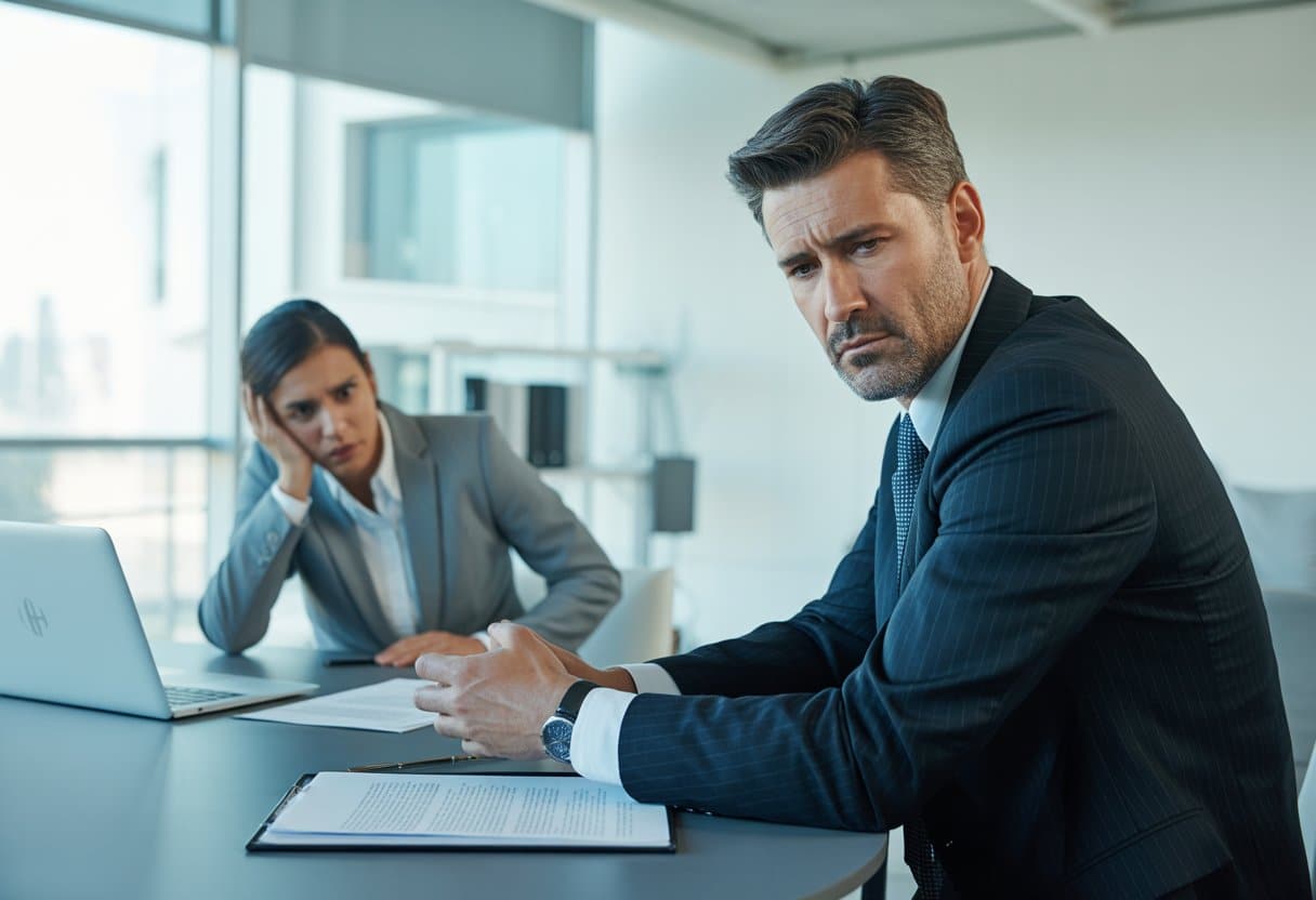 Een zakelijke bijeenkomst met een dominante man en een bezorgde collega aan een vergadertafel in een modern kantoor.