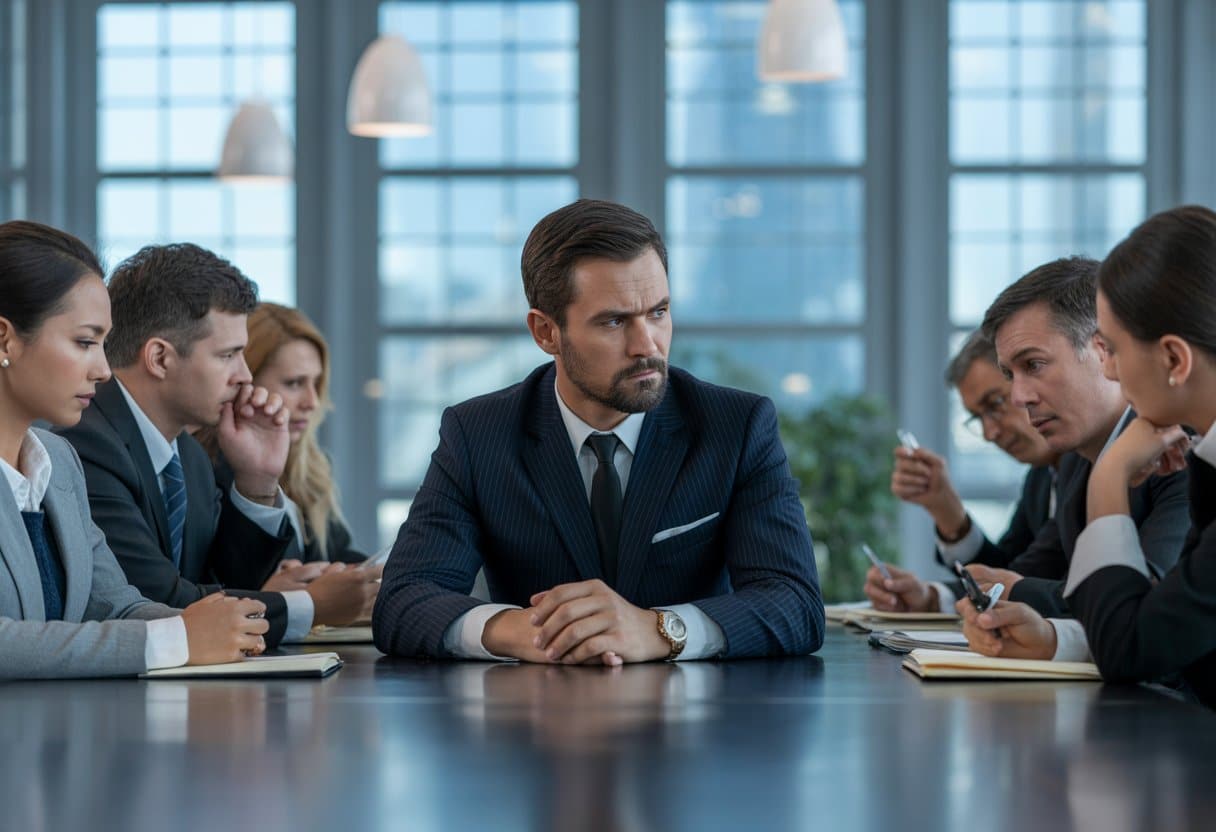 Een zakelijke vergadering waarbij een zelfverzekerde man tegenover bezorgde collega's zit in een modern kantoor.