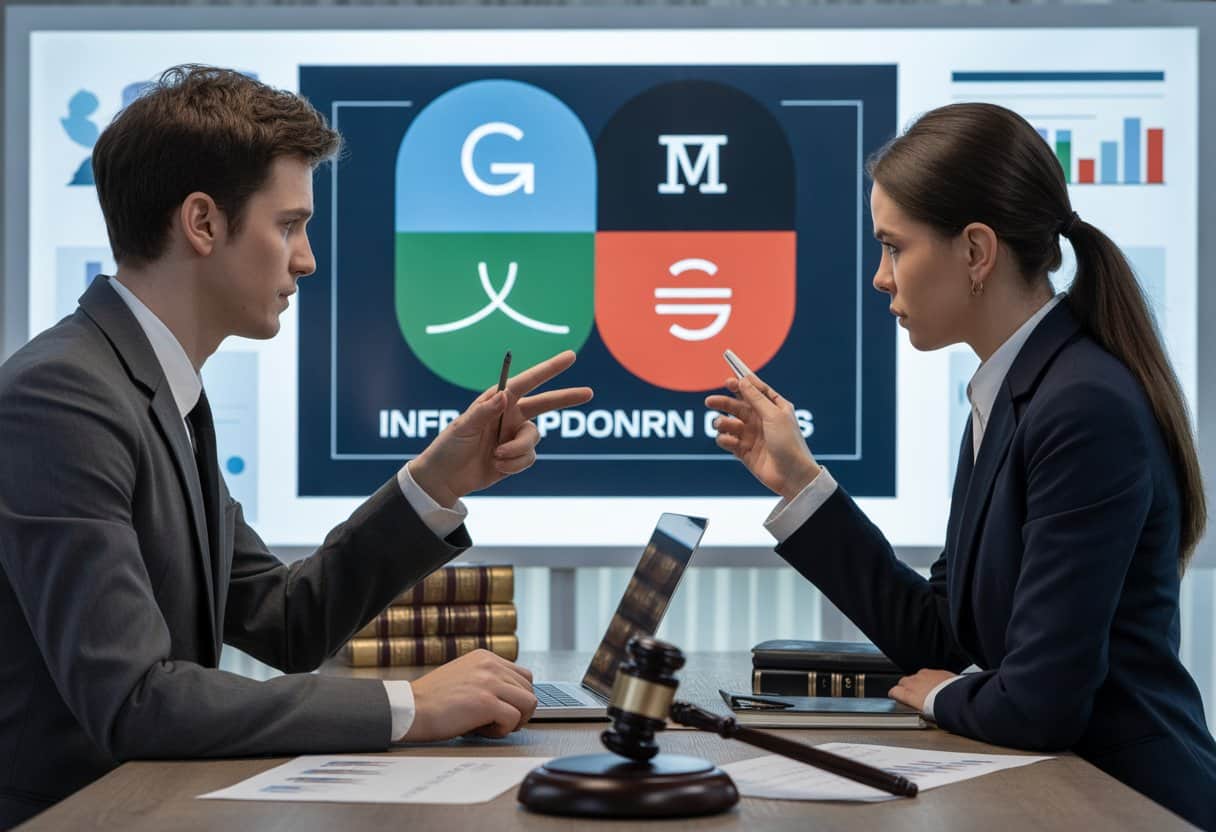 Van verwarring tot misleiding: waar de grens van merkinbreuk ligt uitgelegd 1 Twee zakelijke professionals bespreken documenten en logo's in een kantooromgeving.