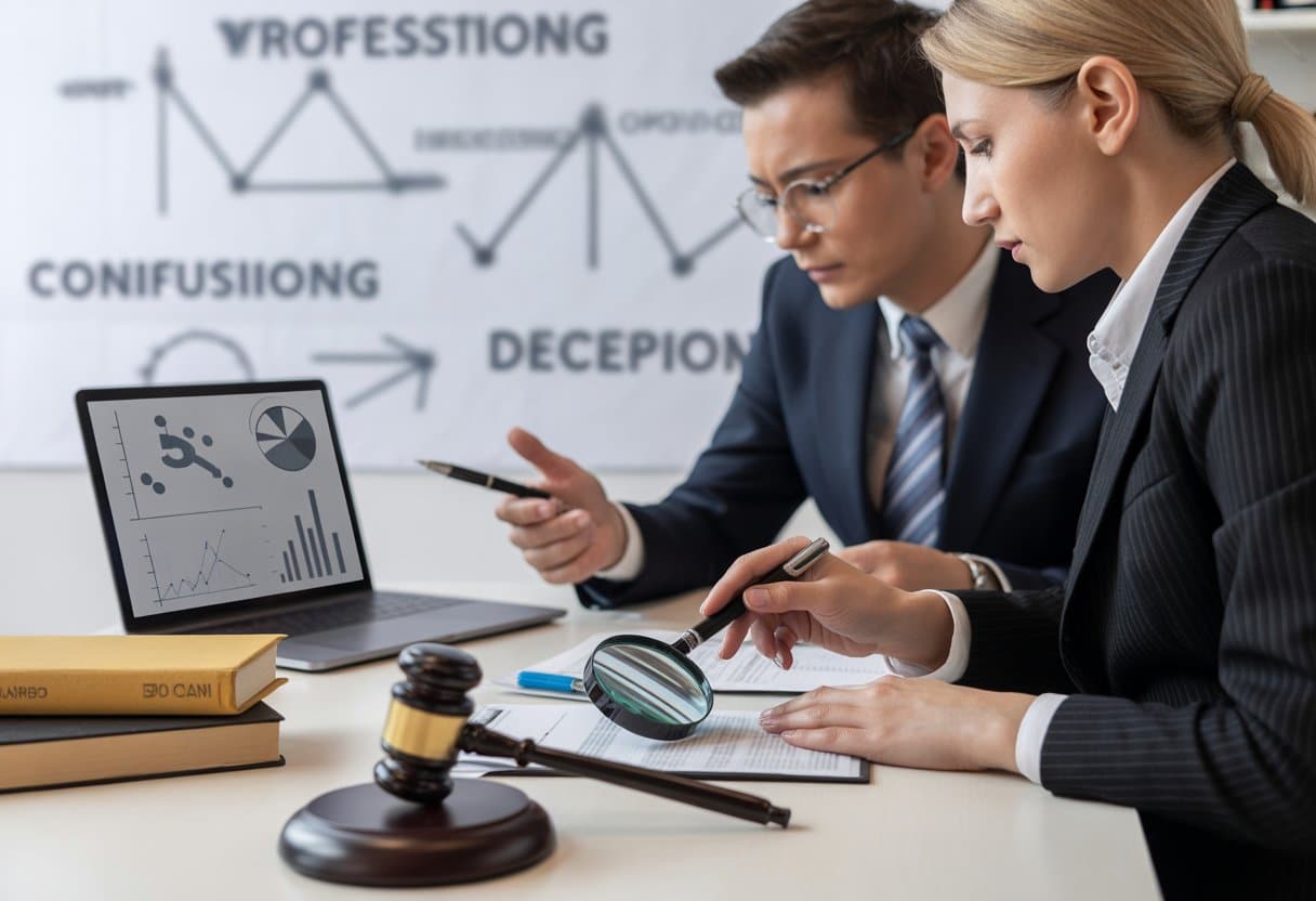 Van verwarring tot misleiding: waar de grens van merkinbreuk ligt uitgelegd 2 Twee zakelijke professionals bespreken documenten en een laptop in een kantoor, met juridische symbolen en een vergrootglas gericht op een logo op de tafel.