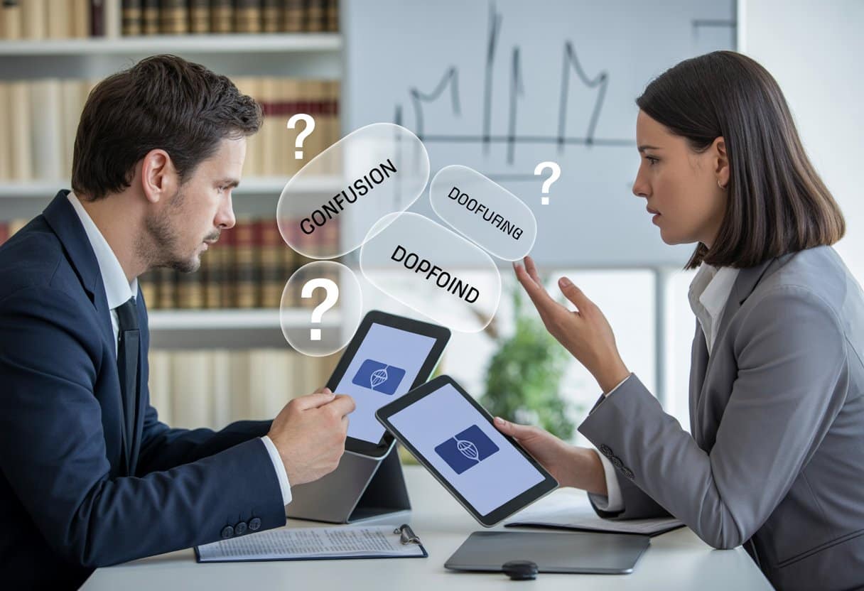 Van verwarring tot misleiding: waar de grens van merkinbreuk ligt uitgelegd 3 Twee zakelijke professionals bespreken documenten over merken in een moderne kantooromgeving.
