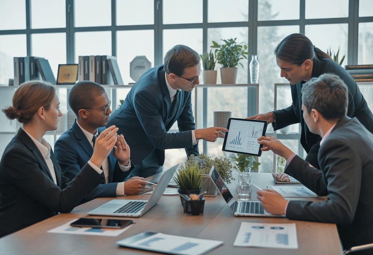 Een groep ondernemers bespreekt samen aan een tafel met laptops en documenten in een kantoor.