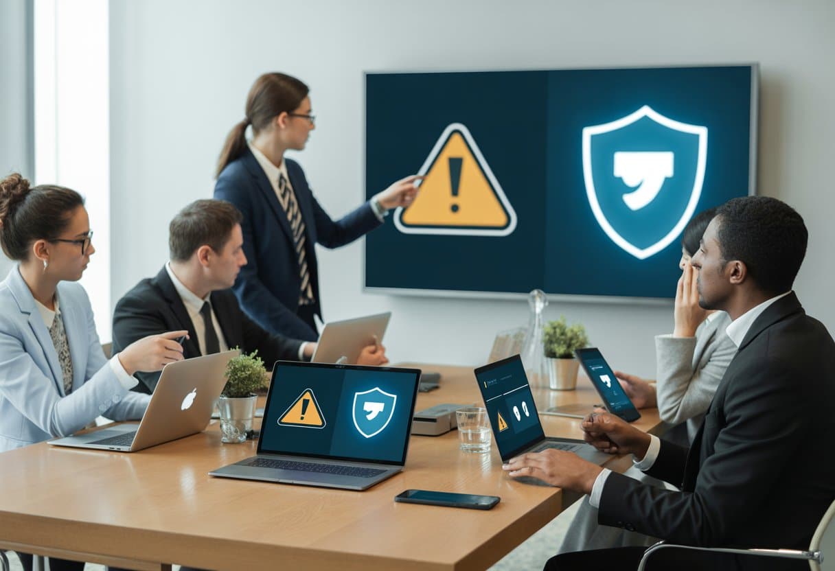 Een groep professionals werkt samen rond een tafel met laptops en tablets, terwijl op een scherm een beveiligingssymbool zichtbaar is.