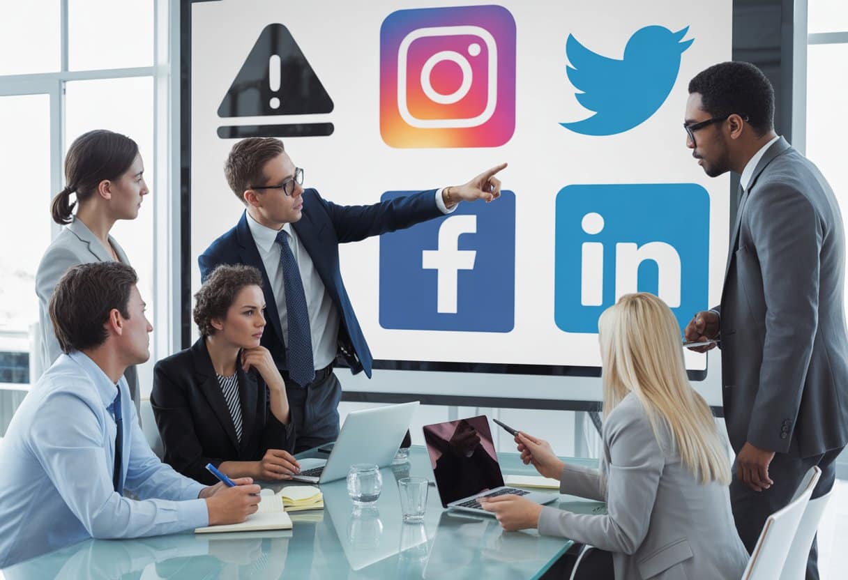 Een groep zakelijke professionals bespreekt merkbescherming op sociale media in een moderne kantooromgeving.