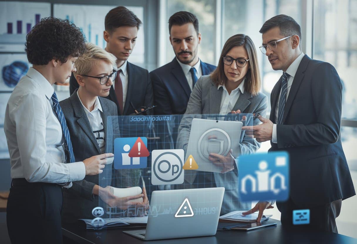 Een groep zakelijke professionals bespreekt online merkinbreuk op social media in een moderne kantooromgeving met een digitaal scherm.
