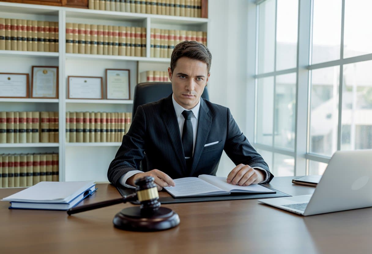Wanneer hebt u écht een advocaat nodig? Volledige gids 1 Een advocaat in een modern kantoor, zittend aan een bureau met juridische documenten en boeken op de achtergrond.