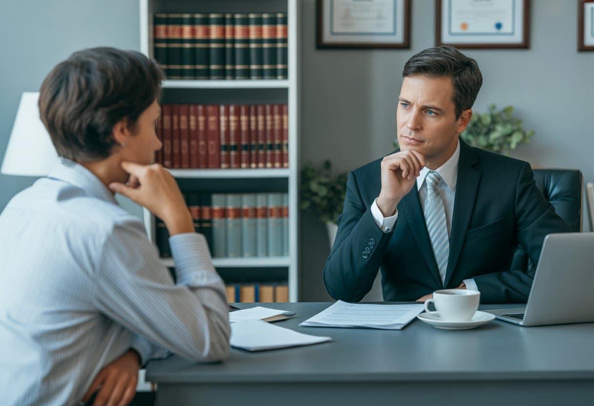 Wanneer hebt u écht een advocaat nodig? Volledige gids 3 Een advocaat en een cliënt in een kantoor, in gesprek over juridische zaken.