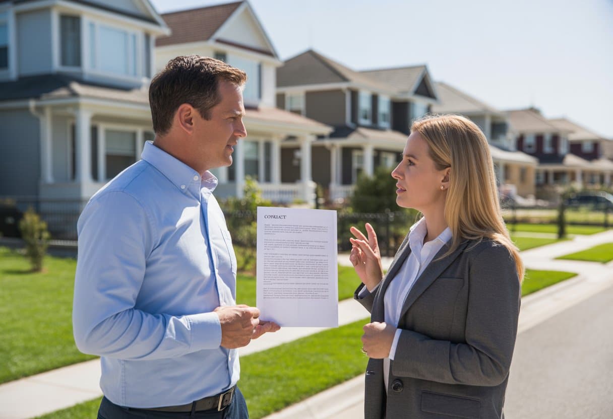 Twee buren praten serieus buiten naast hun huizen met een juridisch document in de hand.