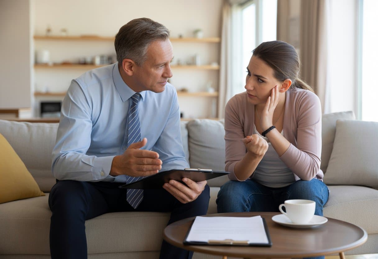 Huurachterstand: wat mag een verhuurder wel en niet doen? Uitgebreide gids 1 Een verhuurder en huurder praten rustig in een lichte woonkamer over huurachterstand.