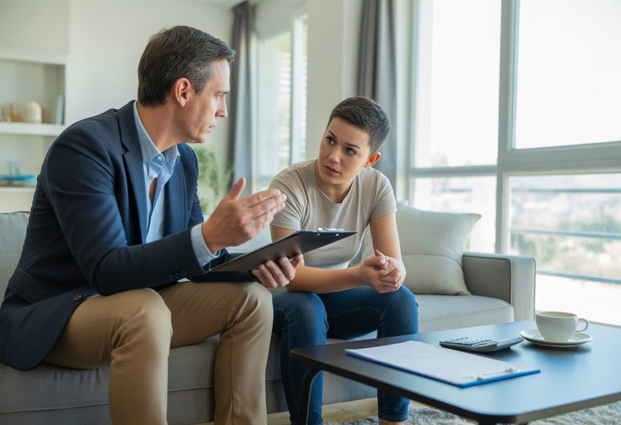 Huurachterstand: wat mag een verhuurder wel en niet doen? Uitgebreide gids 2 Een verhuurder en een huurder zitten in een lichte woonkamer en voeren een serieus gesprek over huurachterstand.