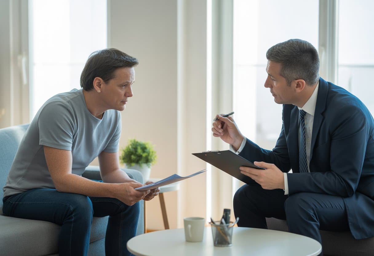 Huurachterstand: wat mag een verhuurder wel en niet doen? Uitgebreide gids 3 Een huurder en verhuurder zitten samen in een lichte woonkamer en voeren een serieus gesprek over huurachterstand.