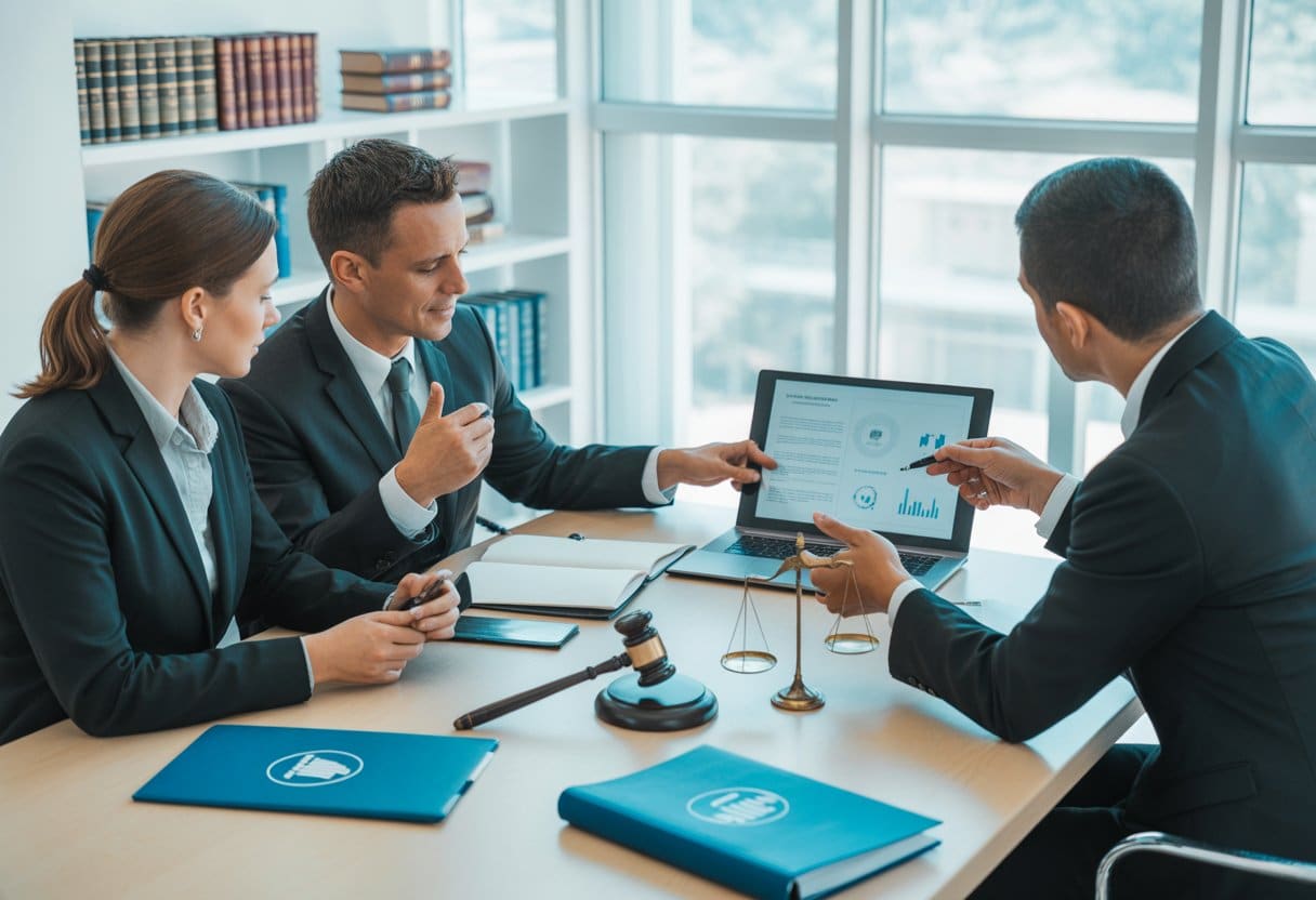 Drie zakelijke professionals overleggen aan een tafel met documenten en een laptop in een kantooromgeving.