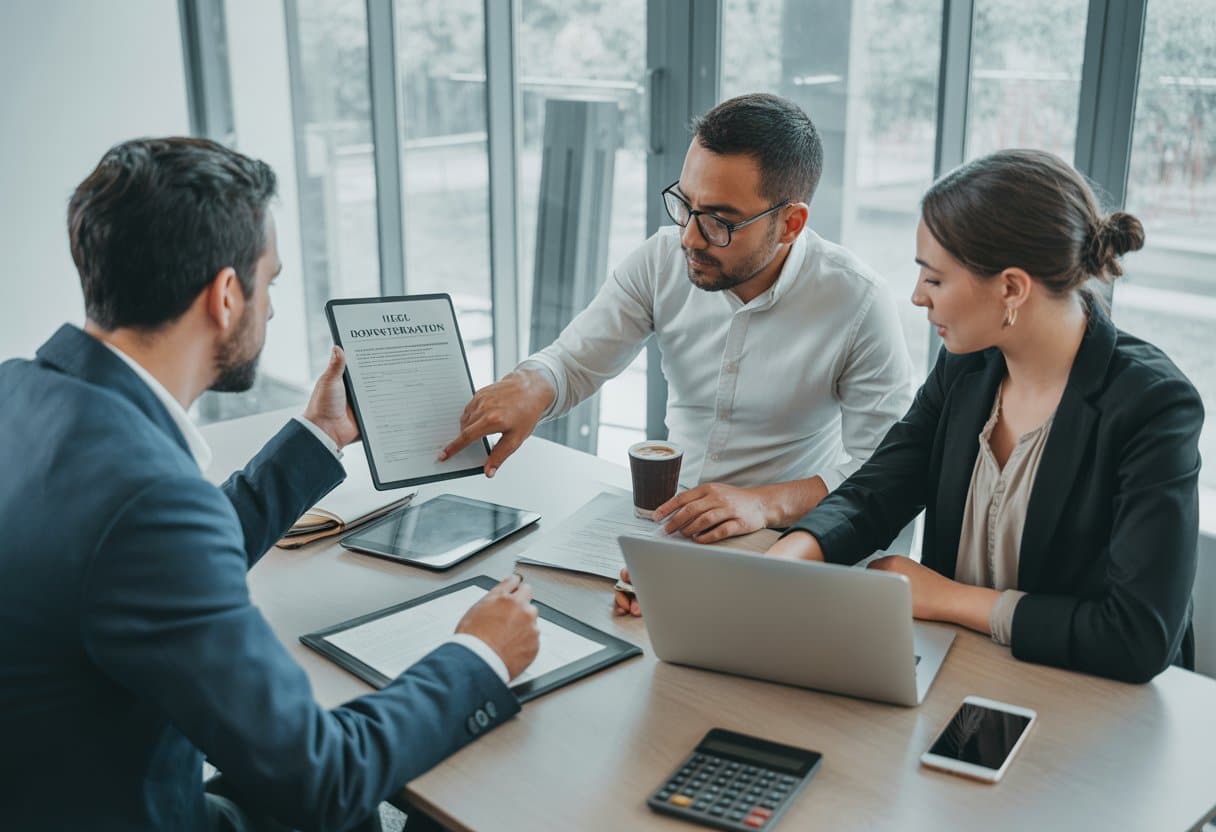 Drie professionals overleggen aan een tafel met documenten en laptops in een modern kantoor.