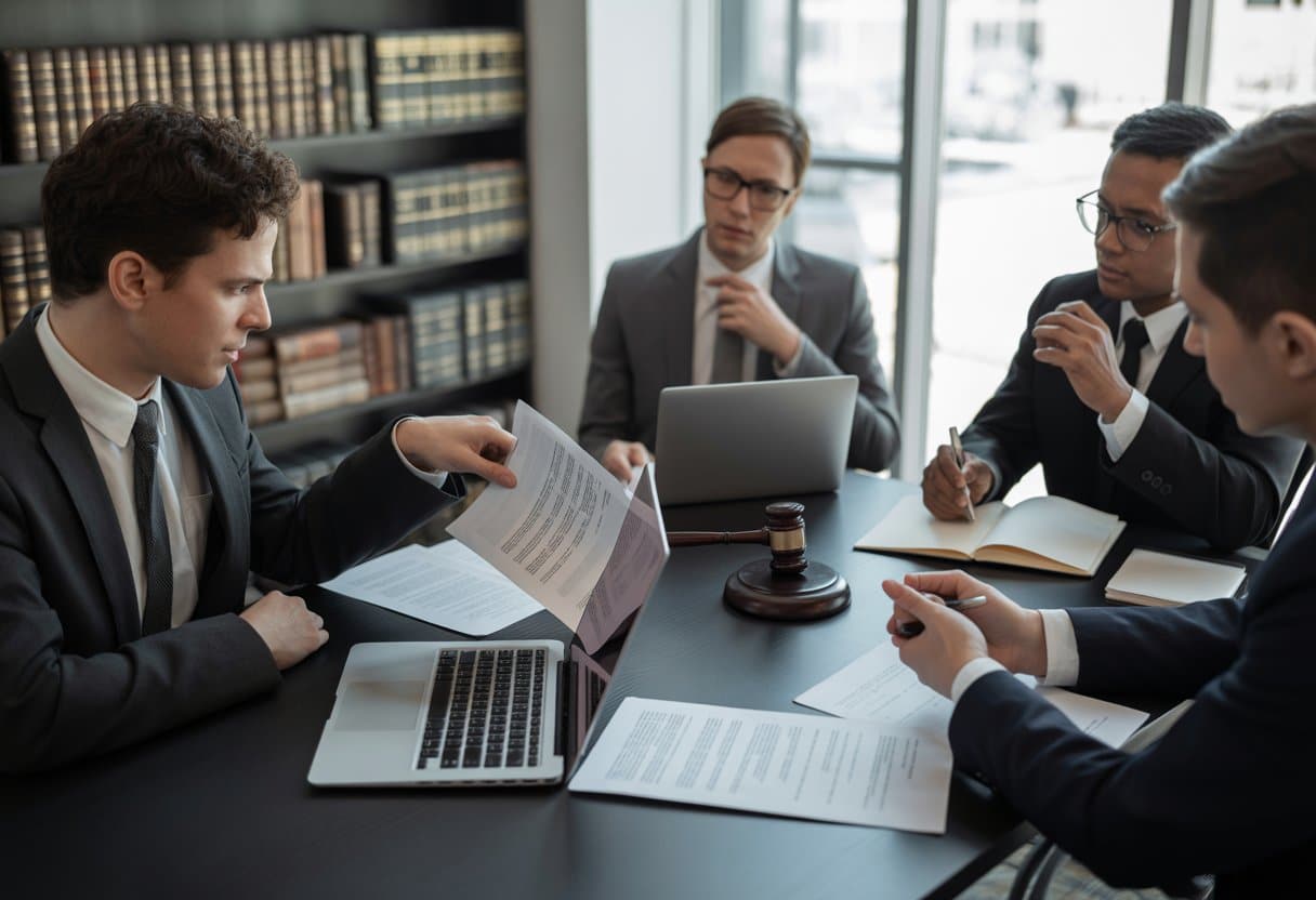 Een zakelijke vergadering met diverse professionals die documenten en juridische papieren bespreken in een moderne kantooromgeving.