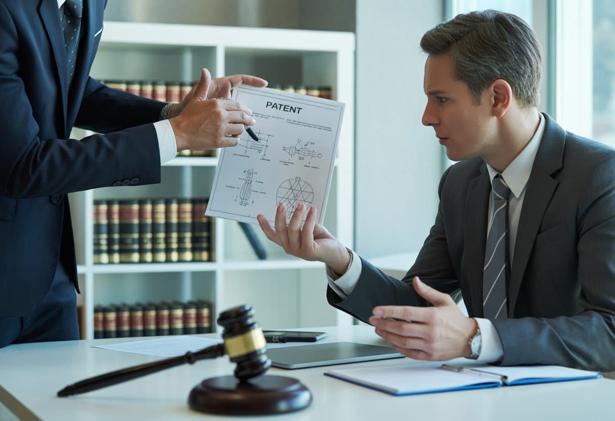 Twee zakelijke professionals bespreken een document met technische tekeningen in een kantoor, met juridische symbolen op de achtergrond.