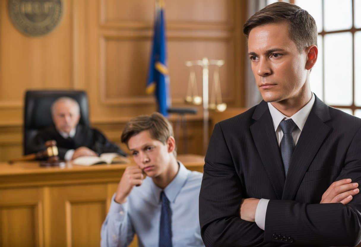 Een advocaat staat naast een verdachte in een rechtszaal tijdens een strafzitting, met een rechter op de achtergrond.