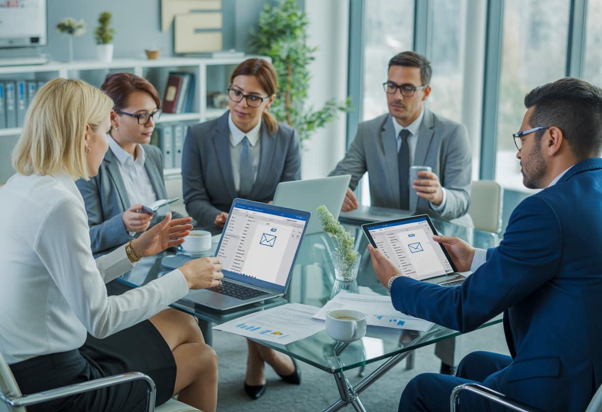 Een groep zakelijke professionals bespreekt e-mails in een moderne kantoorruimte met laptops en smartphones.