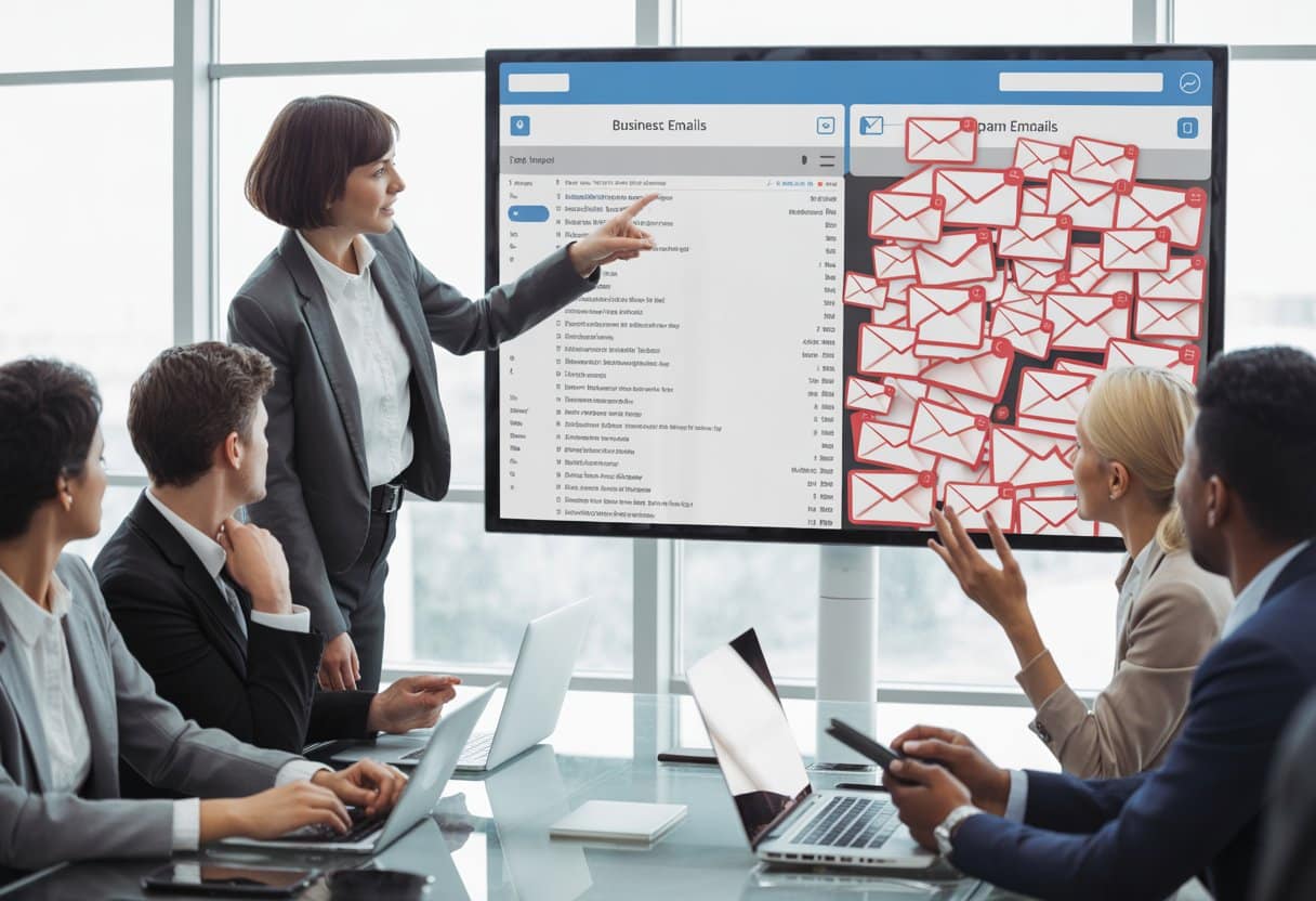 Een groep zakelijke professionals bespreekt e-mailcommunicatie in een moderne kantoorruimte met een scherm waarop zakelijke e-mails en spam e-mails worden vergeleken.