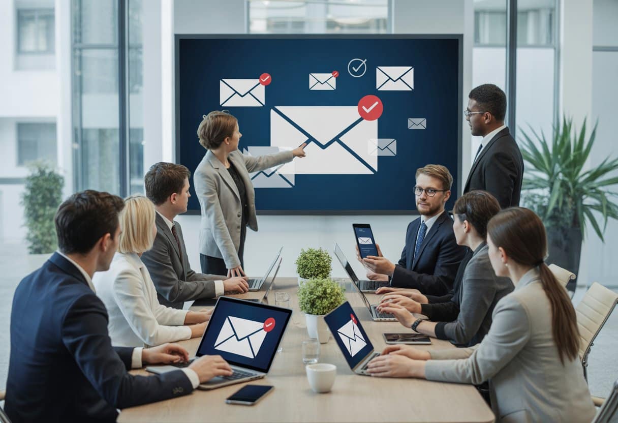 Een groep zakelijke professionals in een moderne kantoorruimte bespreekt e-mailcommunicatie rond een vergadertafel met laptops en een groot scherm aan de muur.