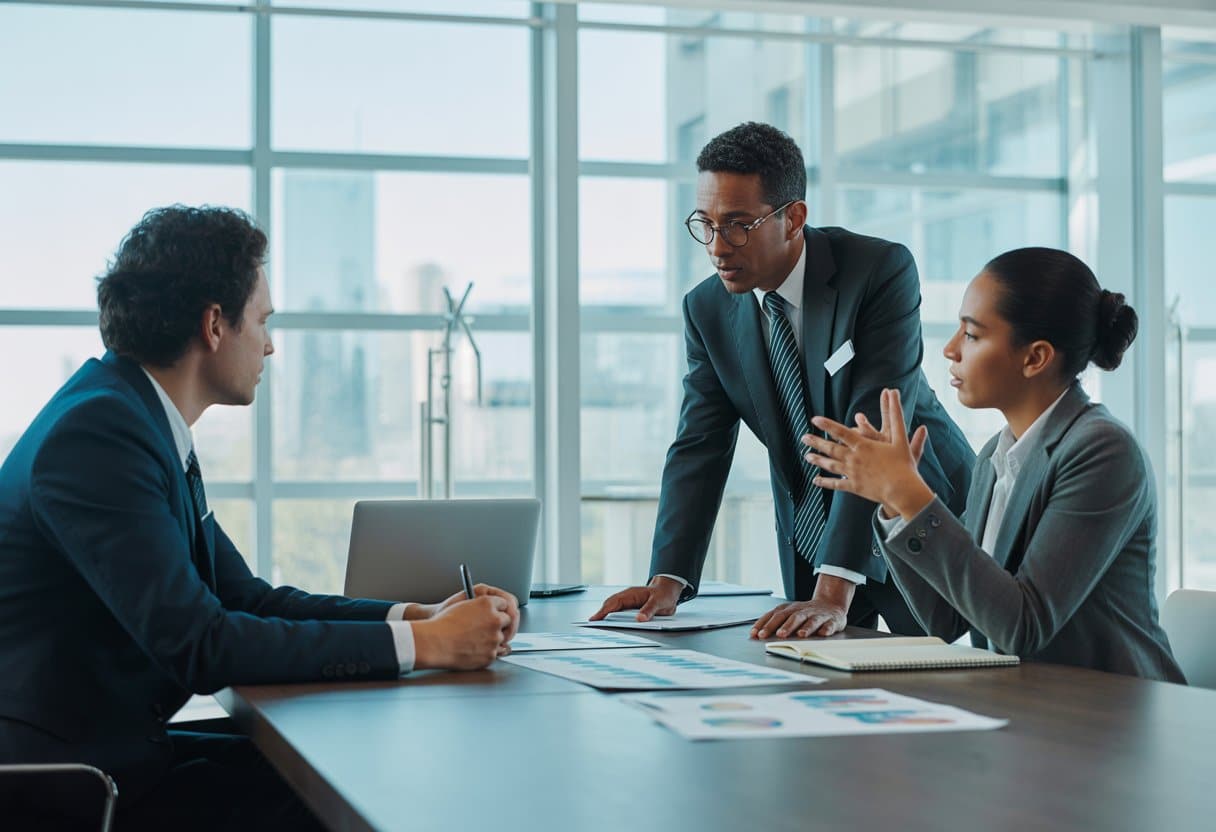 Drie zakelijke professionals in een moderne vergaderruimte bespreken documenten aan een tafel.