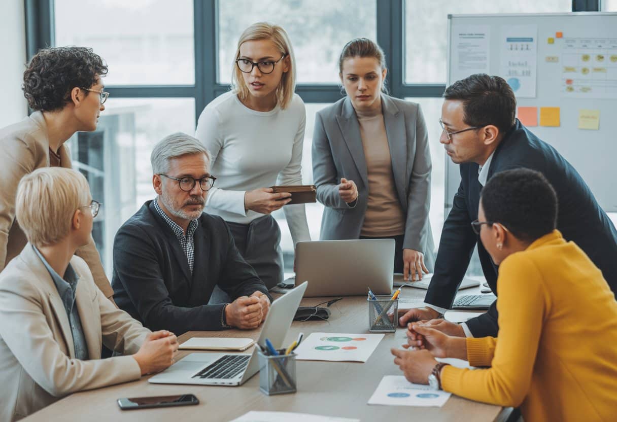 Een diverse groep professionals in een moderne kantooromgeving die samen aan een vergadering deelnemen rond een tafel met documenten en laptops.