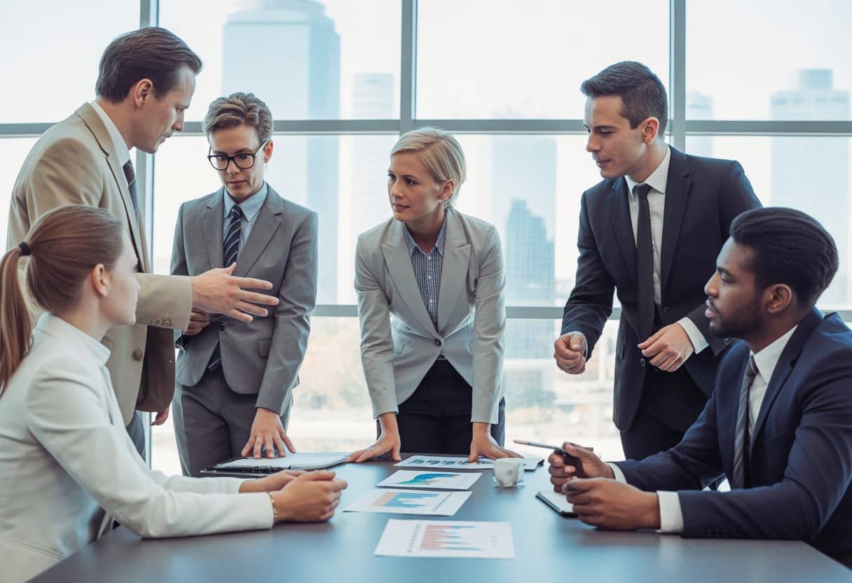 Een diverse groep zakelijke professionals bespreekt samen aan een vergadertafel in een modern kantoor.
