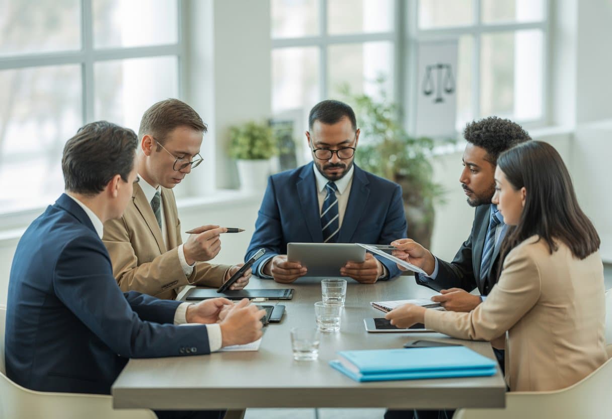 Een diverse groep zakelijke professionals die samen aan een tafel vergaderen in een moderne kantoorruimte.