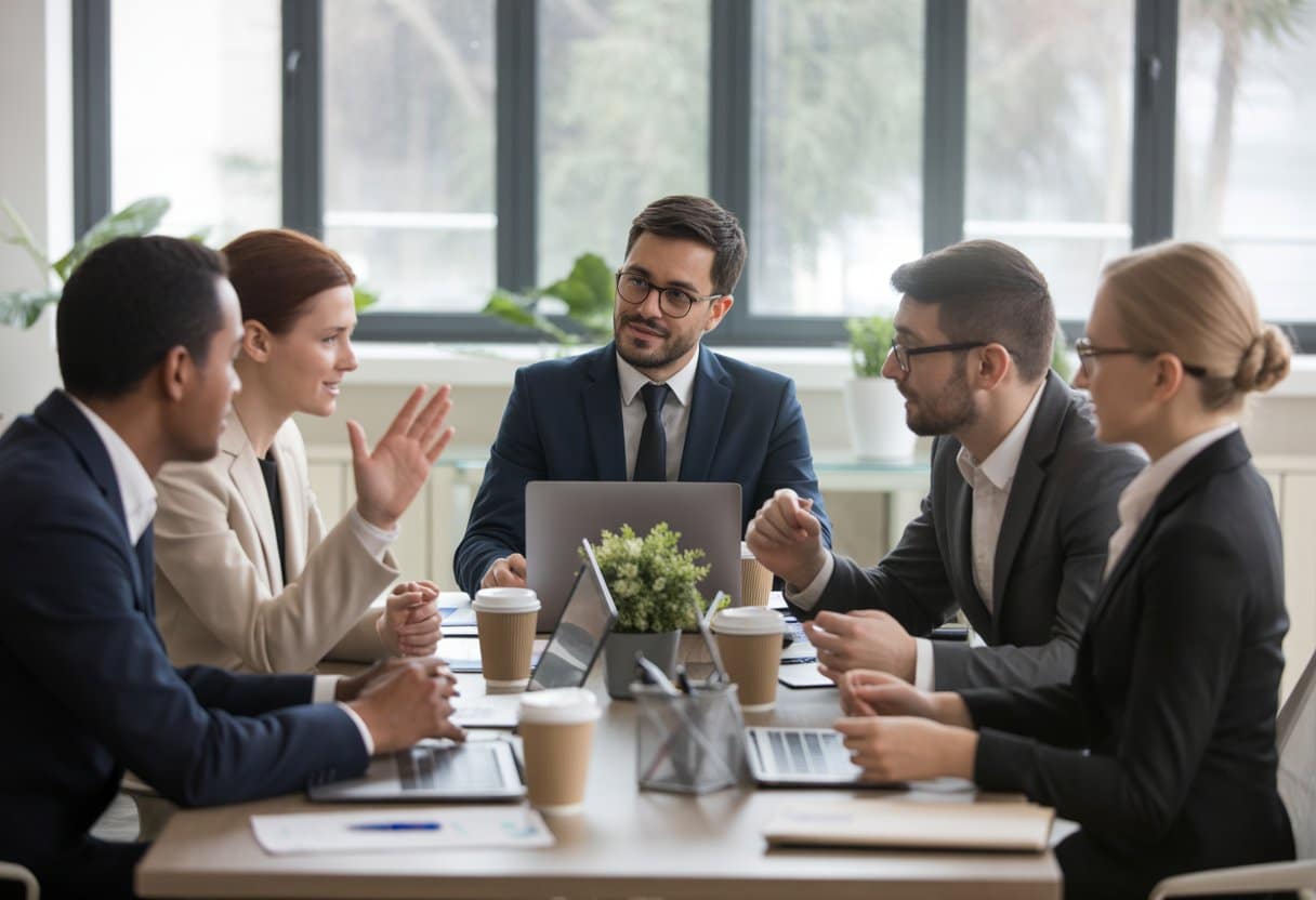 Een diverse groep zakelijke professionals die samen aan een vergadertafel zitten in een moderne kantoorruimte.