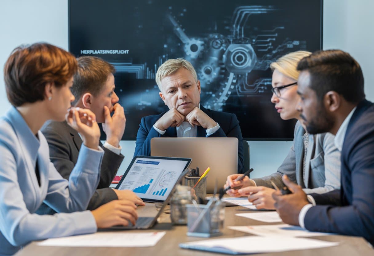 Een groep professionals bespreekt serieus documenten en technologie in een moderne kantooromgeving.