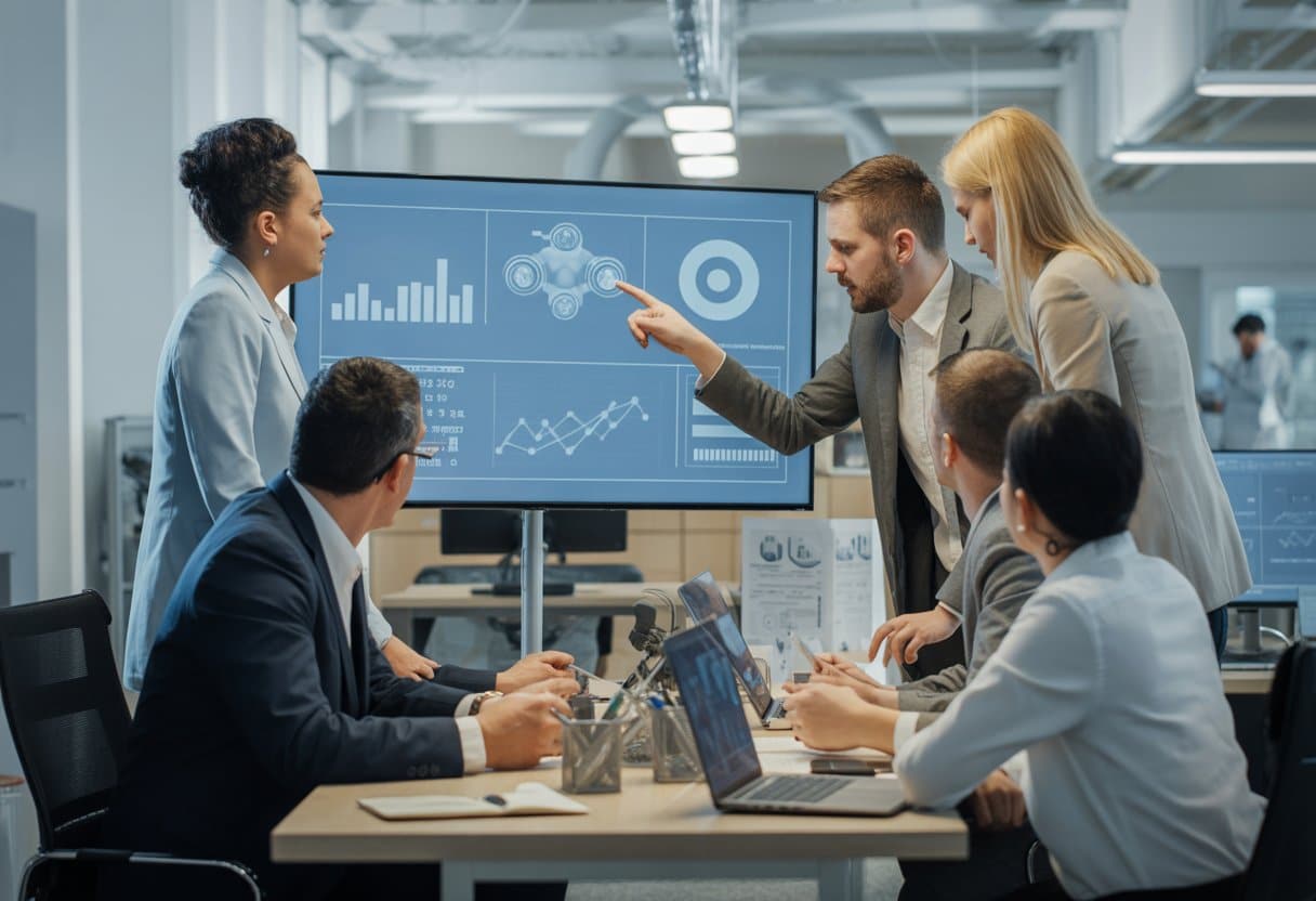 Een groep werknemers bespreekt samen in een modern kantoor met een digitaal scherm waarop grafieken en automatiseringssymbolen te zien zijn.