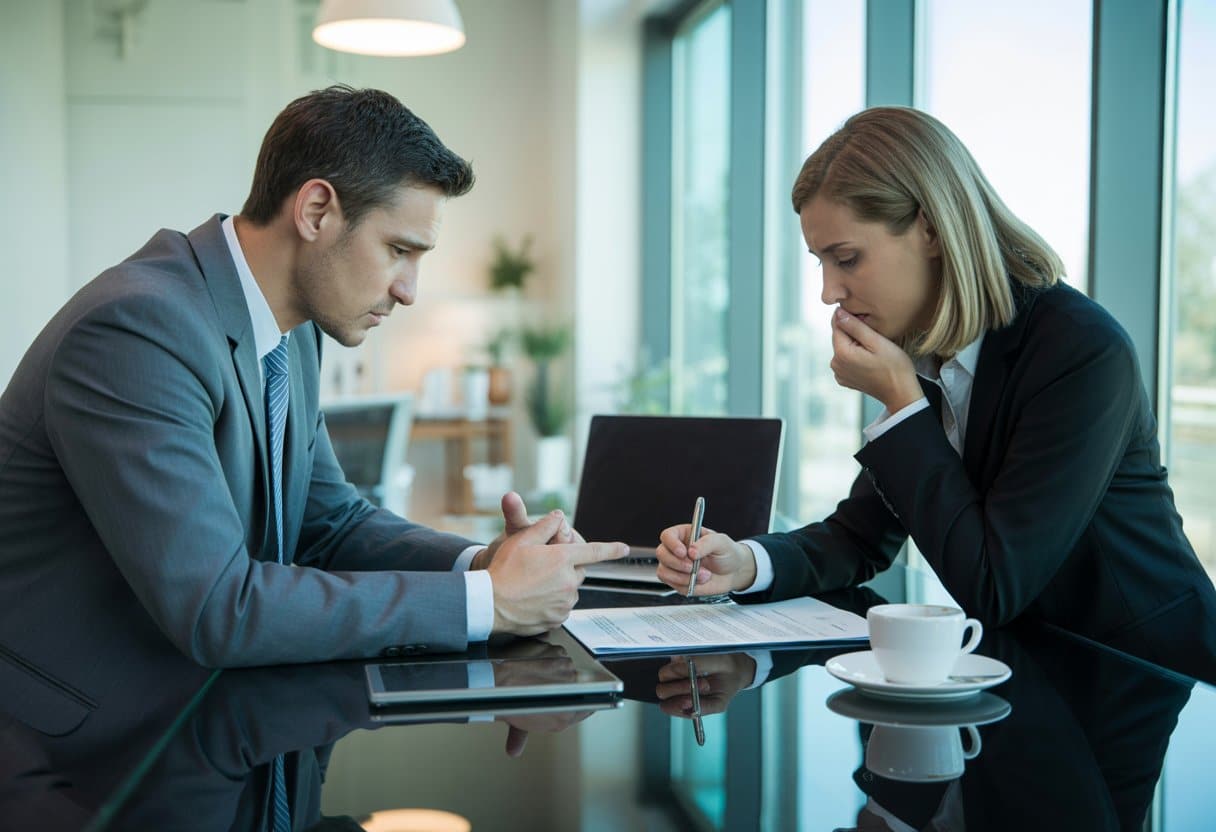 Twee mensen zitten aan een tafel en bespreken een contract in een kantooromgeving.