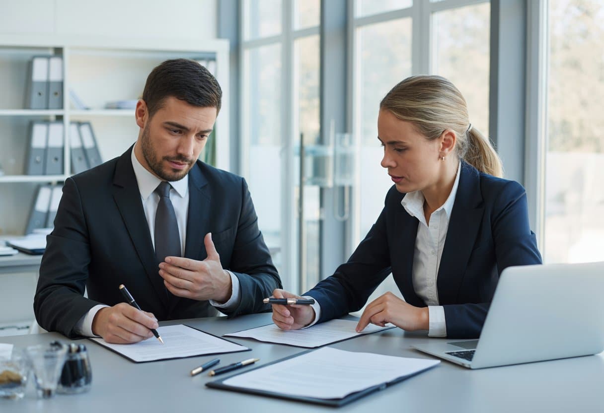 Twee professionals zitten aan een tafel in een kantoor en bespreken een contract met serieuze gezichten.