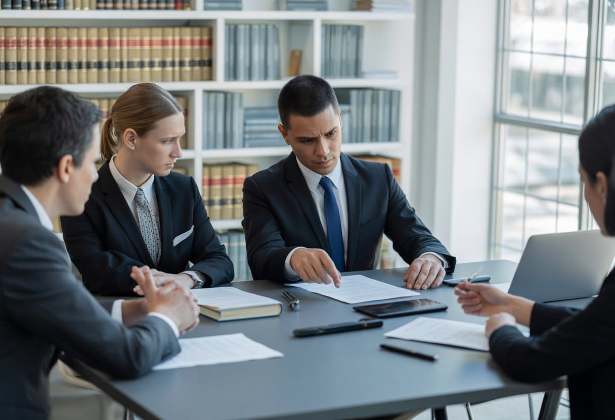 Een zakelijke bijeenkomst waarbij een advocaat en een cliënt samen een contract bespreken in een kantooromgeving.